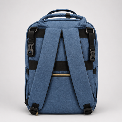 ⚪Pañalera Mochila Backpack Denim Azul con Accesorios Dorados
