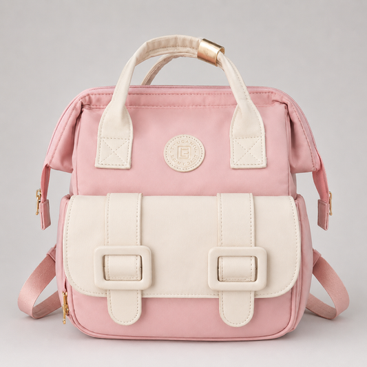 ⚪ Pañalera Mochila Rosa y Crema – Bolso Maternal Elegante con Solapa | Estilo Chic Premium