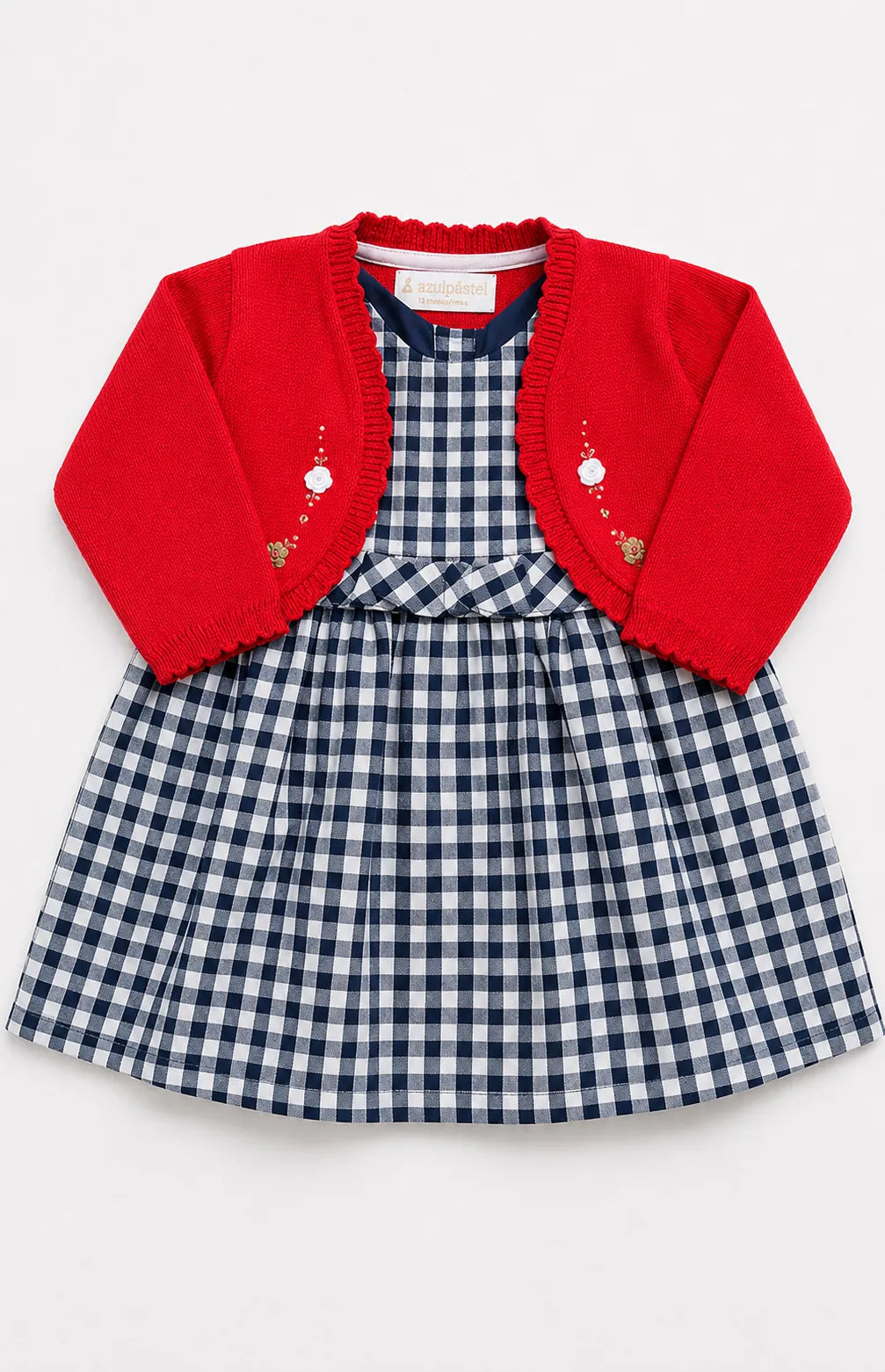 Vestido Cuadros Azul con Saquito Rojo Bordado