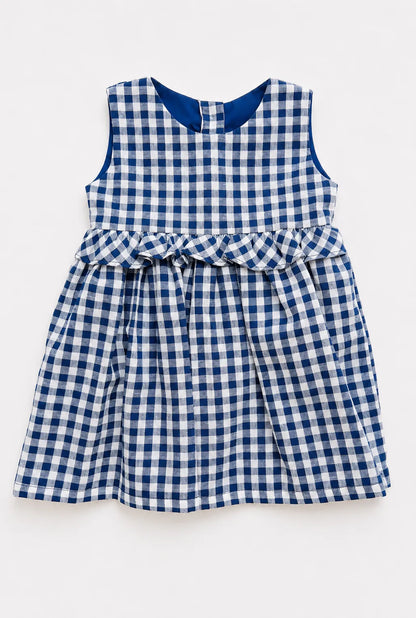 Vestido Cuadros Azul con Saquito Rojo Bordado