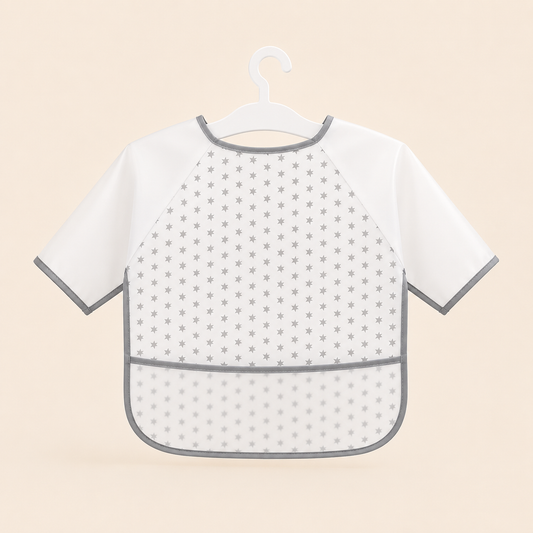 ⭕️Babero Impermeable con Mangas Largas para Bebé – Estampado Estrellas Gris | Mara Baby