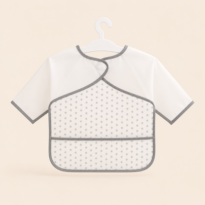 ⭕️Babero Impermeable con Mangas Largas para Bebé – Estampado Estrellas Gris | Mara Baby