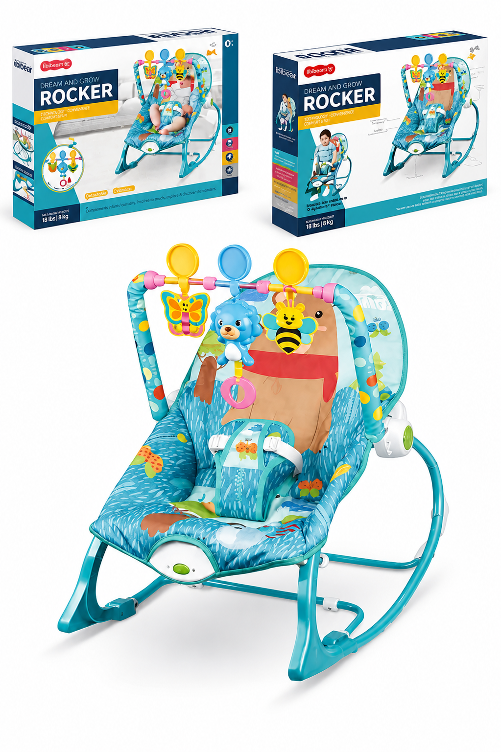 SILLA MECEDORA INFANTIL ROCKER CON JUGUETES COLGANTES Y VIBRACION DISEÑO RANITA LEON AZUL