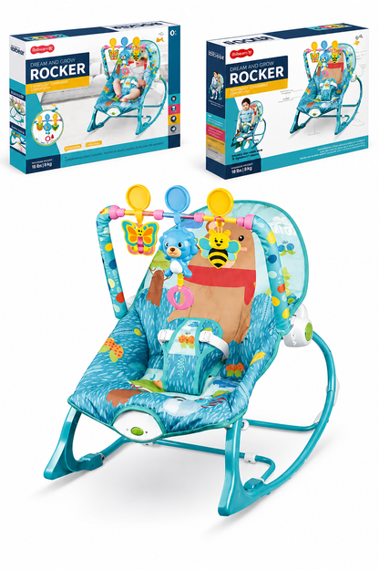SILLA MECEDORA INFANTIL ROCKER CON JUGUETES COLGANTES Y VIBRACION DISEÑO RANITA LEON AZUL