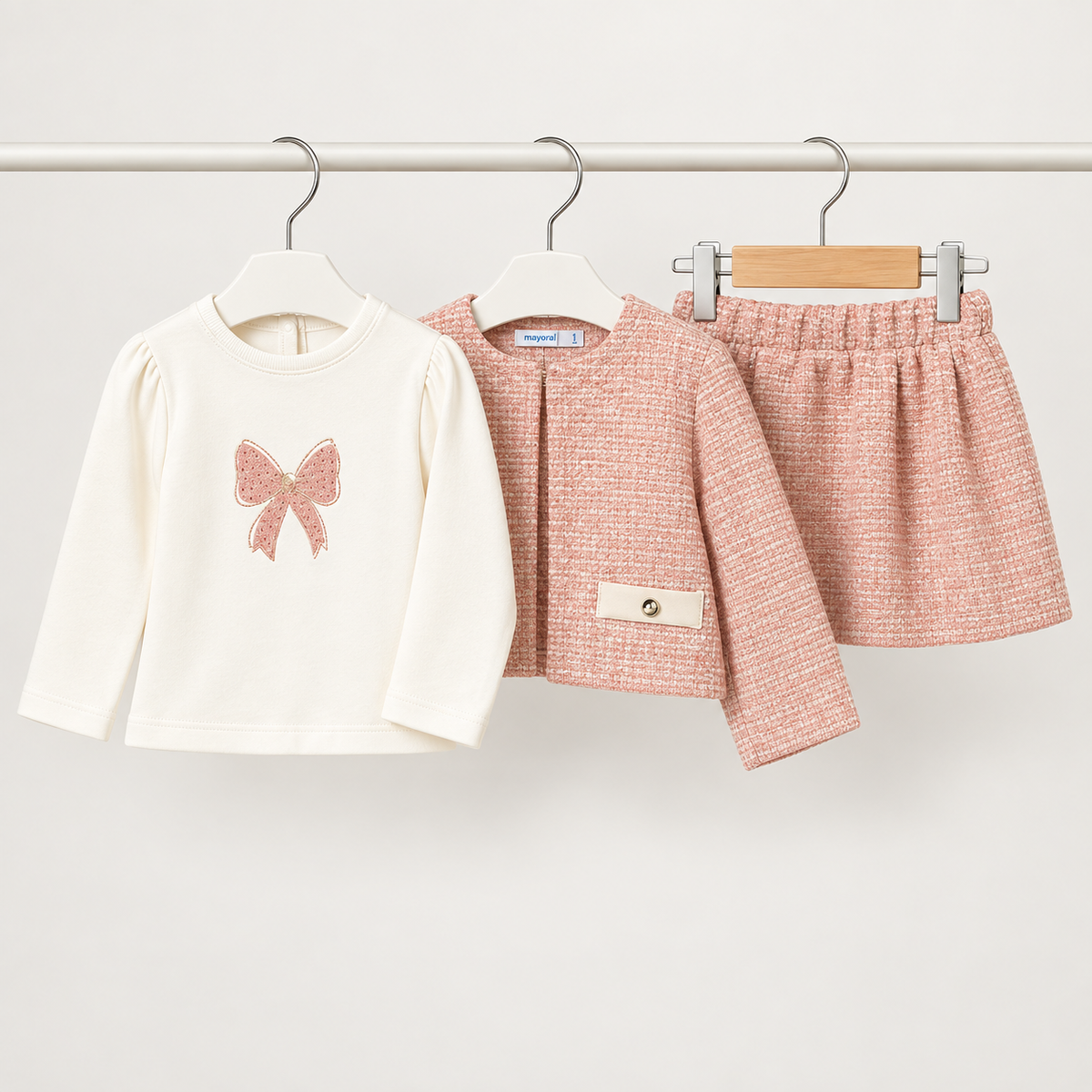 Conjunto Mayoral de tres piezas rosa empolvado y blanco para bebé