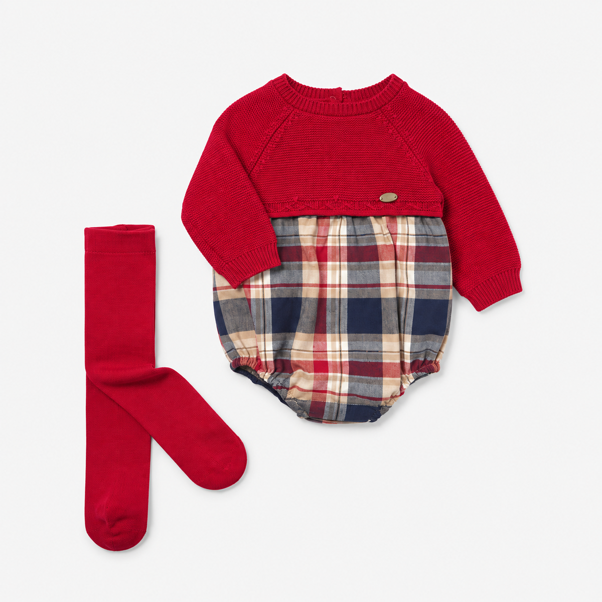 Conjunto Mayoral para recién nacido con pelele de cuadros, jersey rojo y leotardo rojo