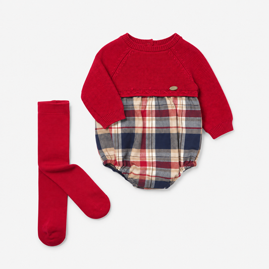 Conjunto Mayoral para recién nacido con pelele de cuadros, jersey rojo y leotardo rojo