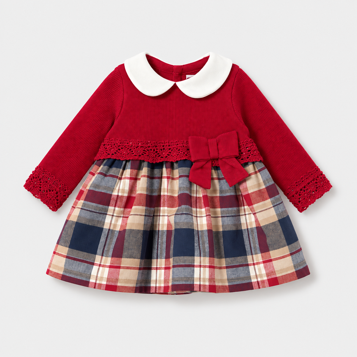 Vestido tricot rojo con falda de cuadros y cuello blanco para recién nacida