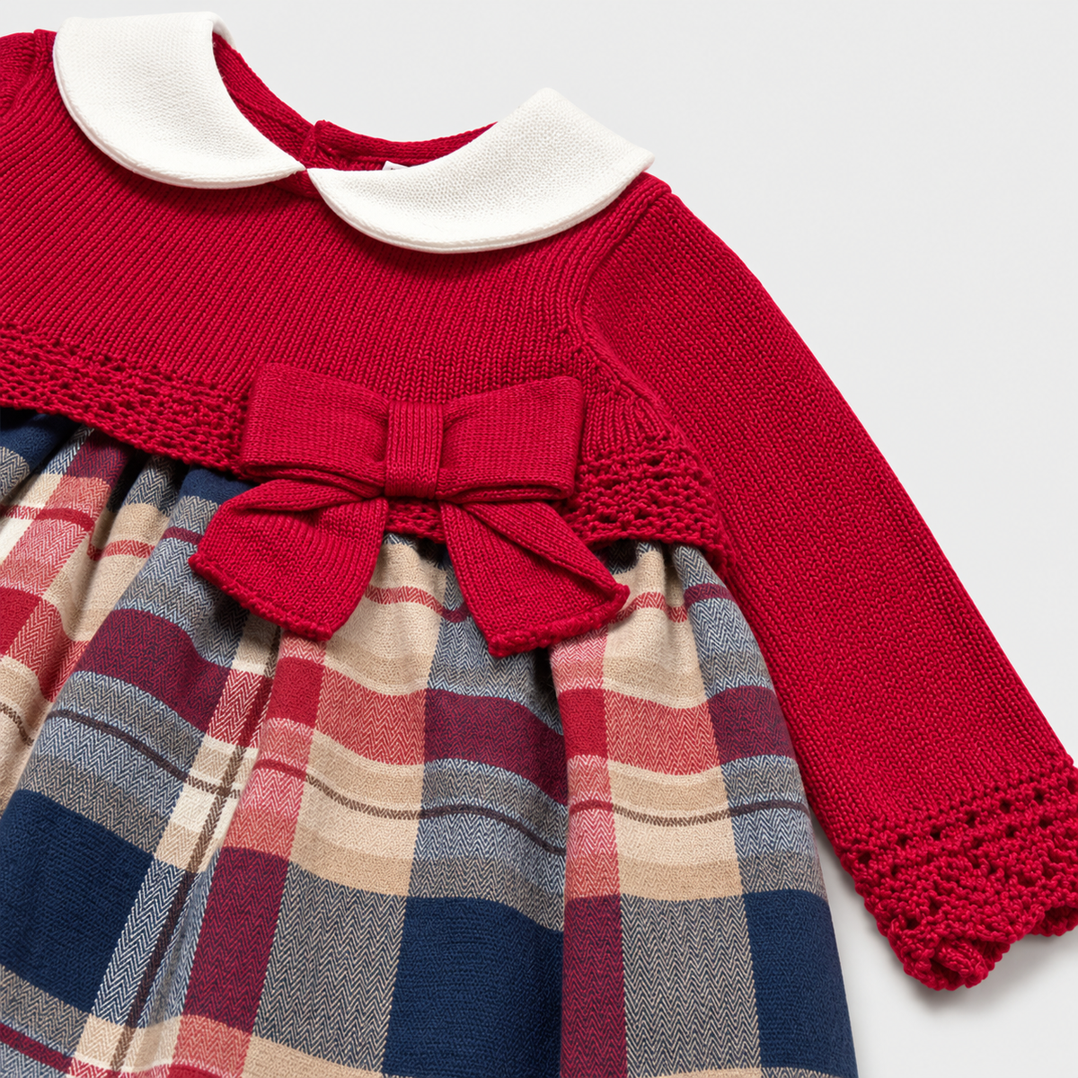 Detalle de cuello blanco, lazo rojo y tejido calado del vestido para recién nacida