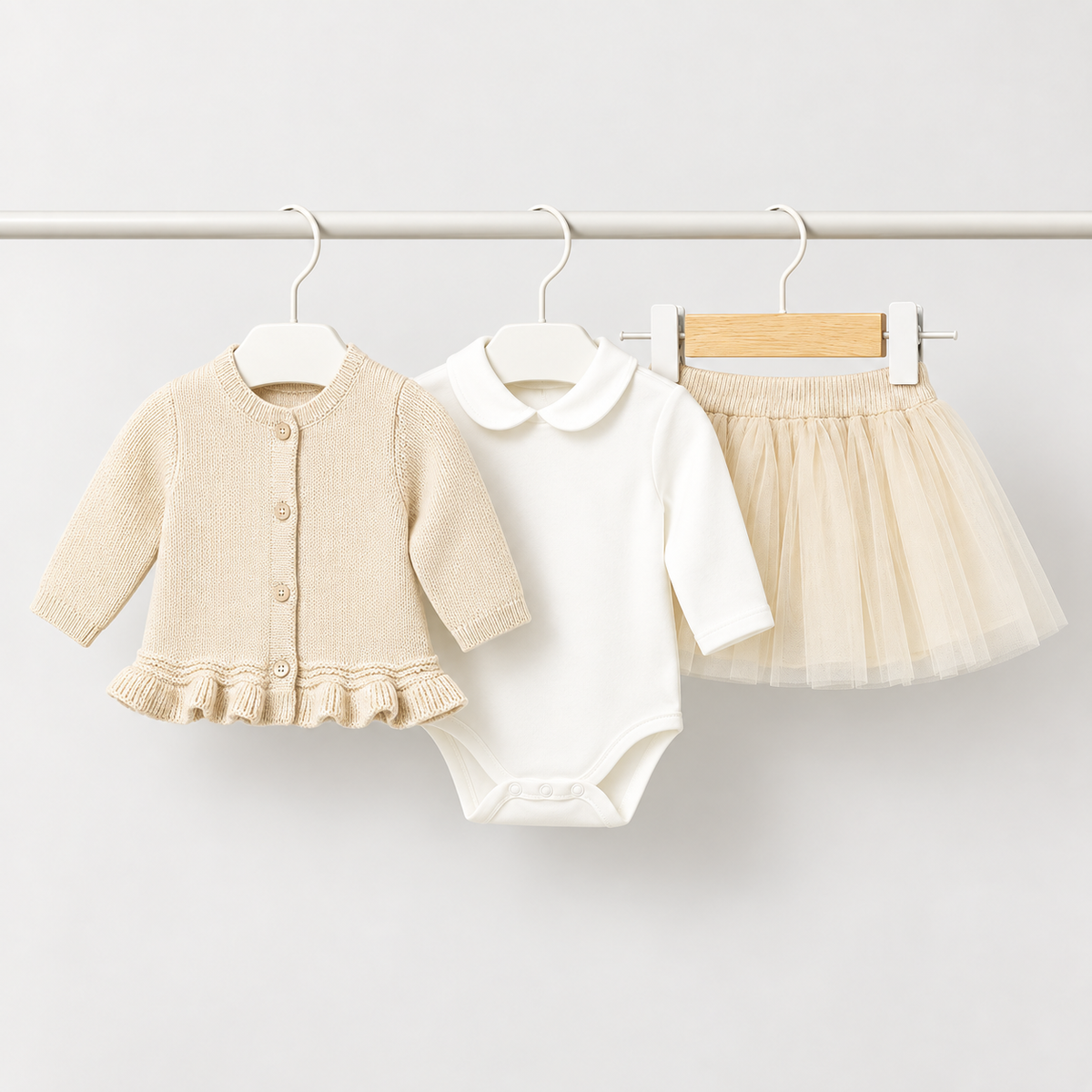 Conjunto Mayoral de tres piezas beige para recién nacida
