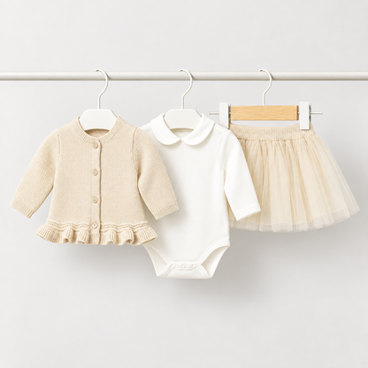 Conjunto Mayoral de tres piezas beige para recién nacida