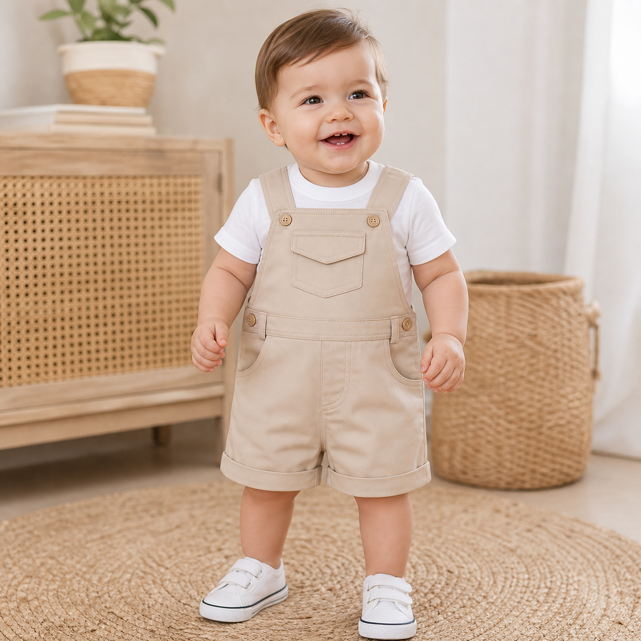 OVEROL EN DRILL BEIGE CON CAMISA BLANCA BEBÉ FELIZ