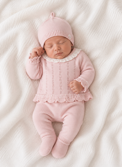 CONJUNTO POLAINA Y JERSEY CON GORRO EN TRICOT PARA RECIEN NACIDA