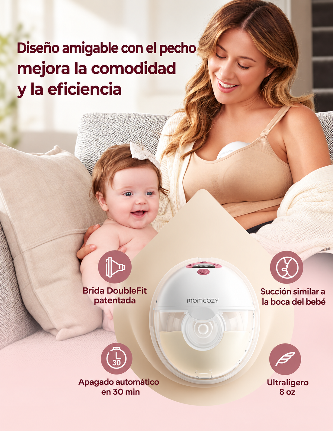Diseño manos libres del extractor Momcozy M5 Smart blanco