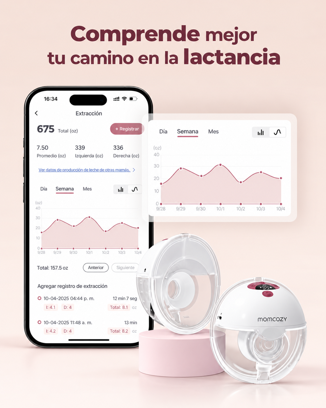 Registro de sesiones de extracción en la app del Momcozy M5 Smart blanco