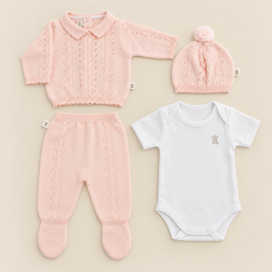 Conjunto para bebé tejido rosa y blanco de 4 piezas