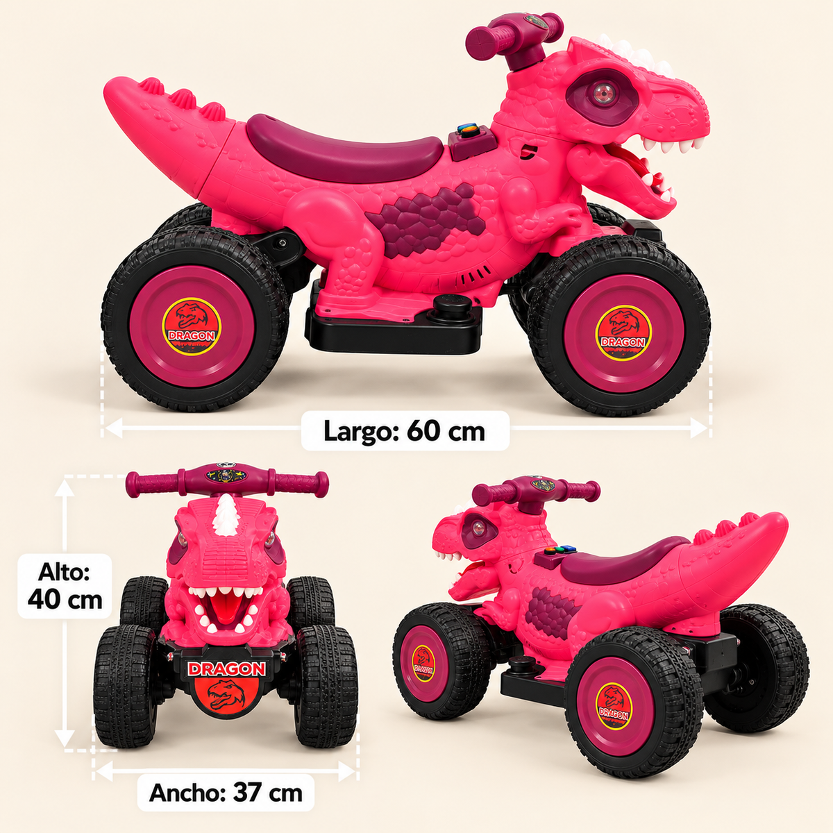 Medidas de cuatrimoto dinosaurio rosada: largo 60 cm, ancho 37 cm y alto 40 cm