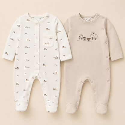 Set x2 Pijamas Enterizos Bebé Niño Tren Blanco y Beige | Mara Baby