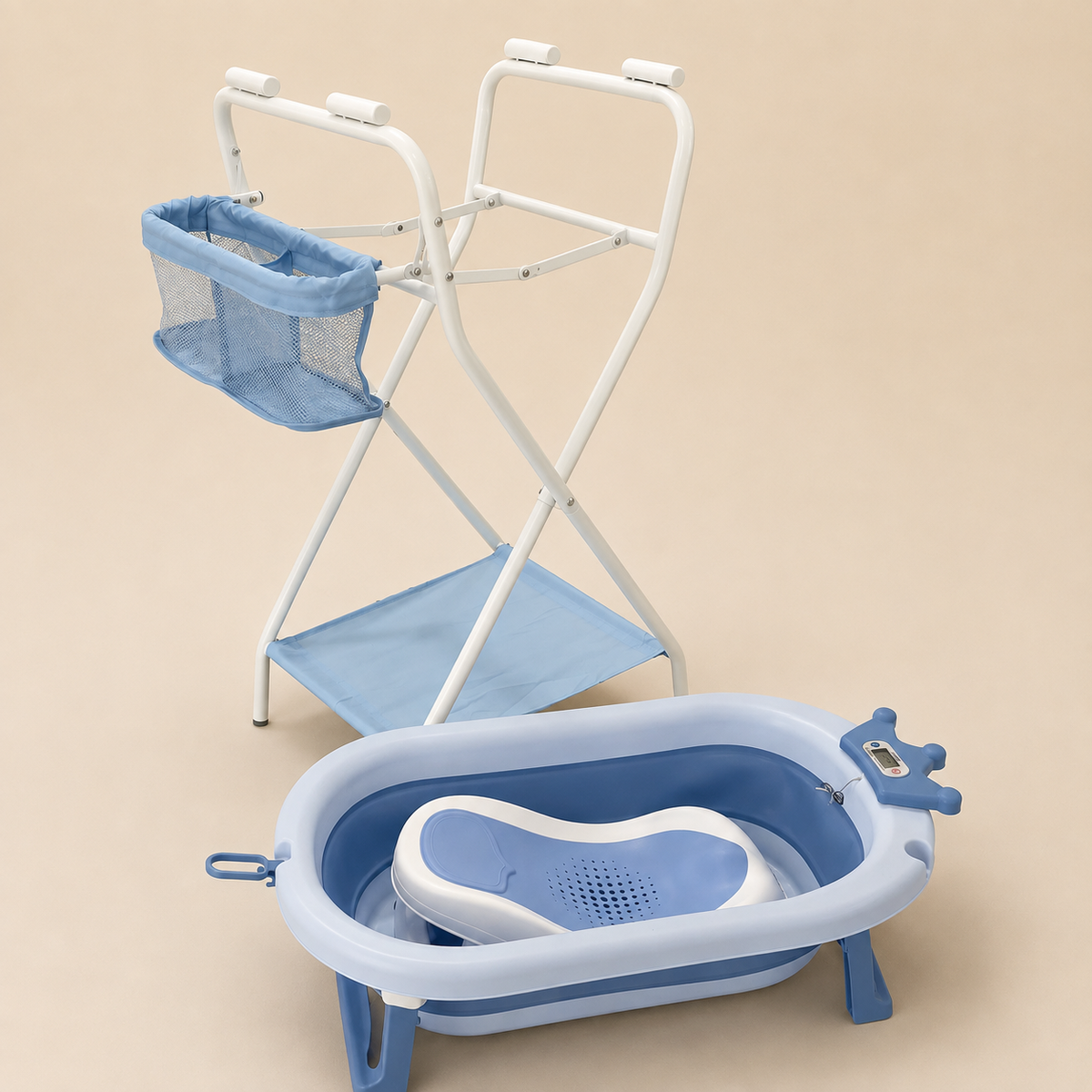 Bañera Alta Plegable con Soporte para Bebé – Termómetro Digital, Canastilla y Juguetes Incluidos