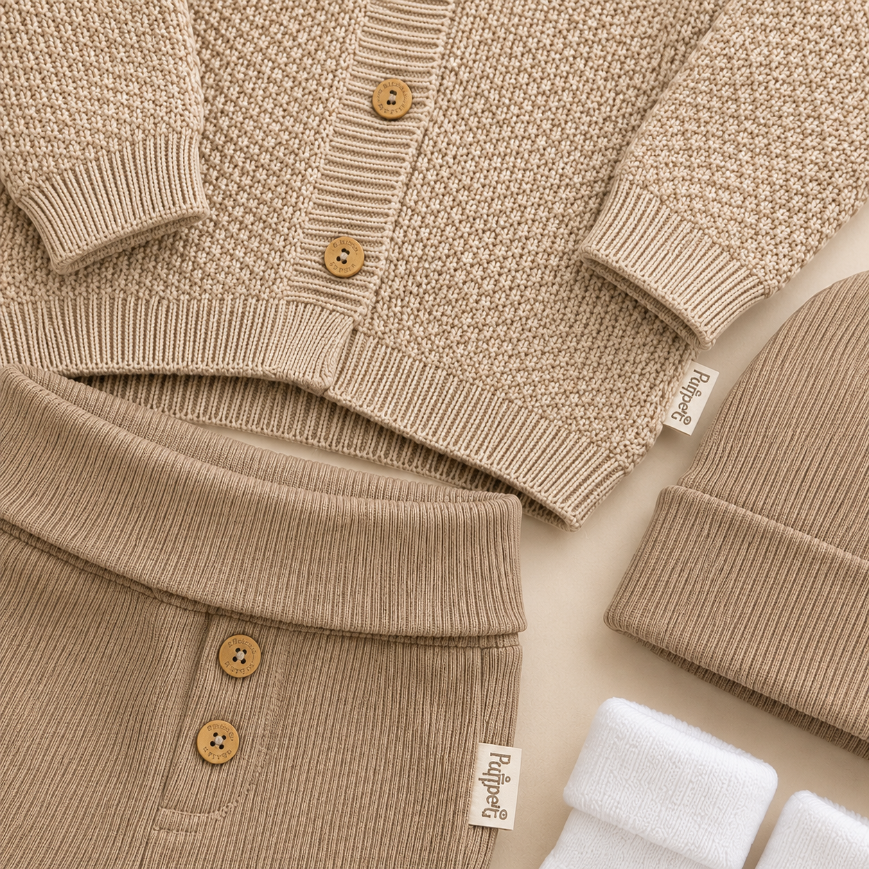 ⚪️ Conjunto Primer Día Tejido Ref. NOA – Beige | Mara Baby