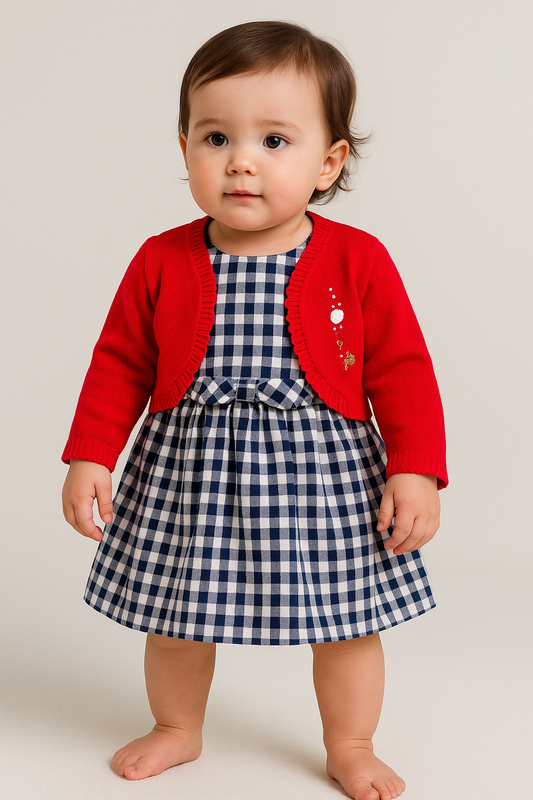 Vestido Cuadros Azul con Saquito Rojo Bordado