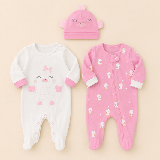Set 2 Enterizos con Piecitos y Gorro Bebe Nina Cerdito y Sirena