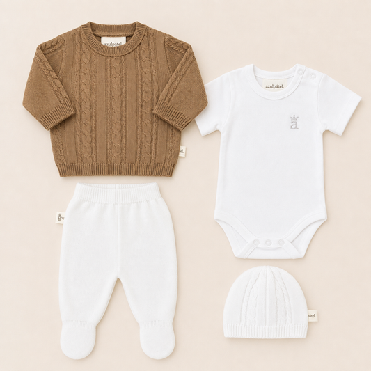 Conjunto Clásico Tejido para Bebé | 4 Piezas Color Canela –