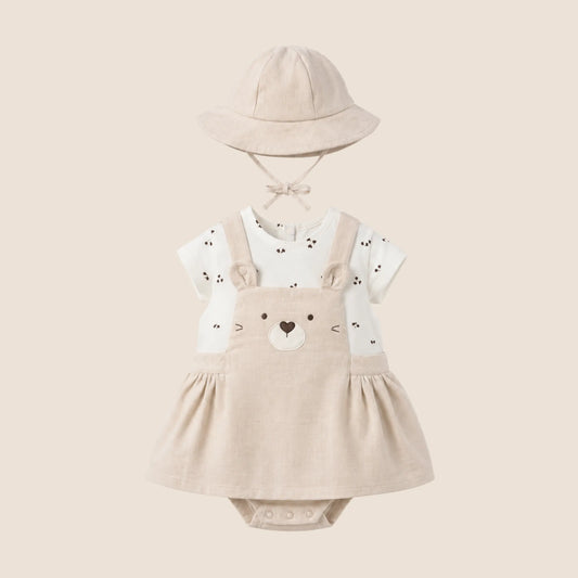 VESTIDO PETO SIMULADO CON GORRO PARA RECIEN NACIDA