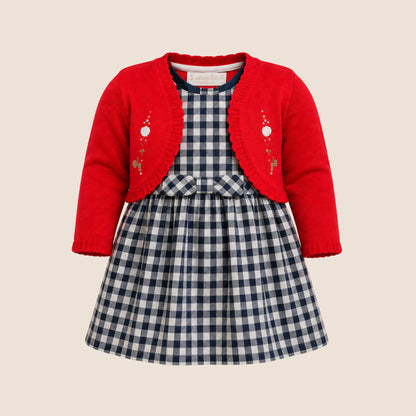 Vestido Cuadros Azul con Saquito Rojo Bordado