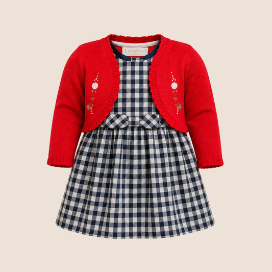 Vestido Cuadros Azul con Saquito Rojo Bordado