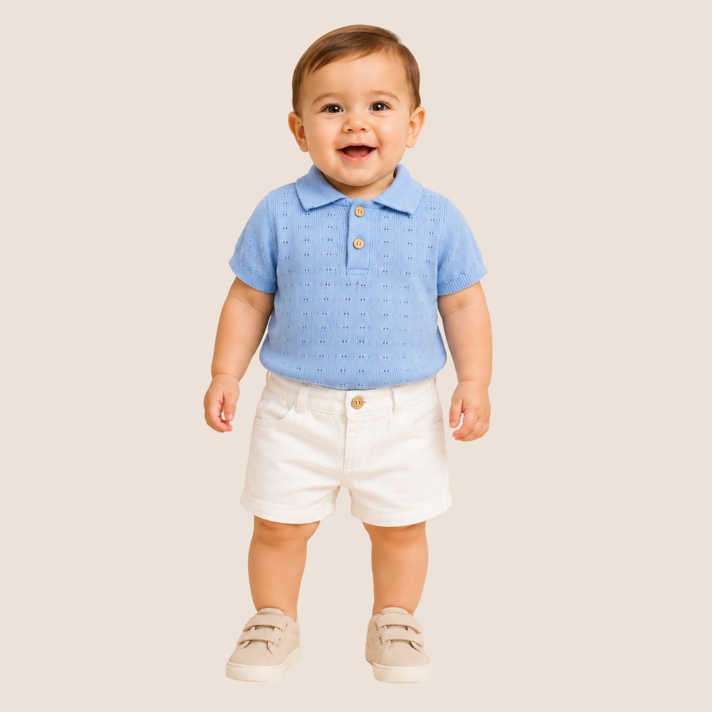 SET SHORT Y CAMISA CELESTE  TEJIDA- BEBE FELIZ