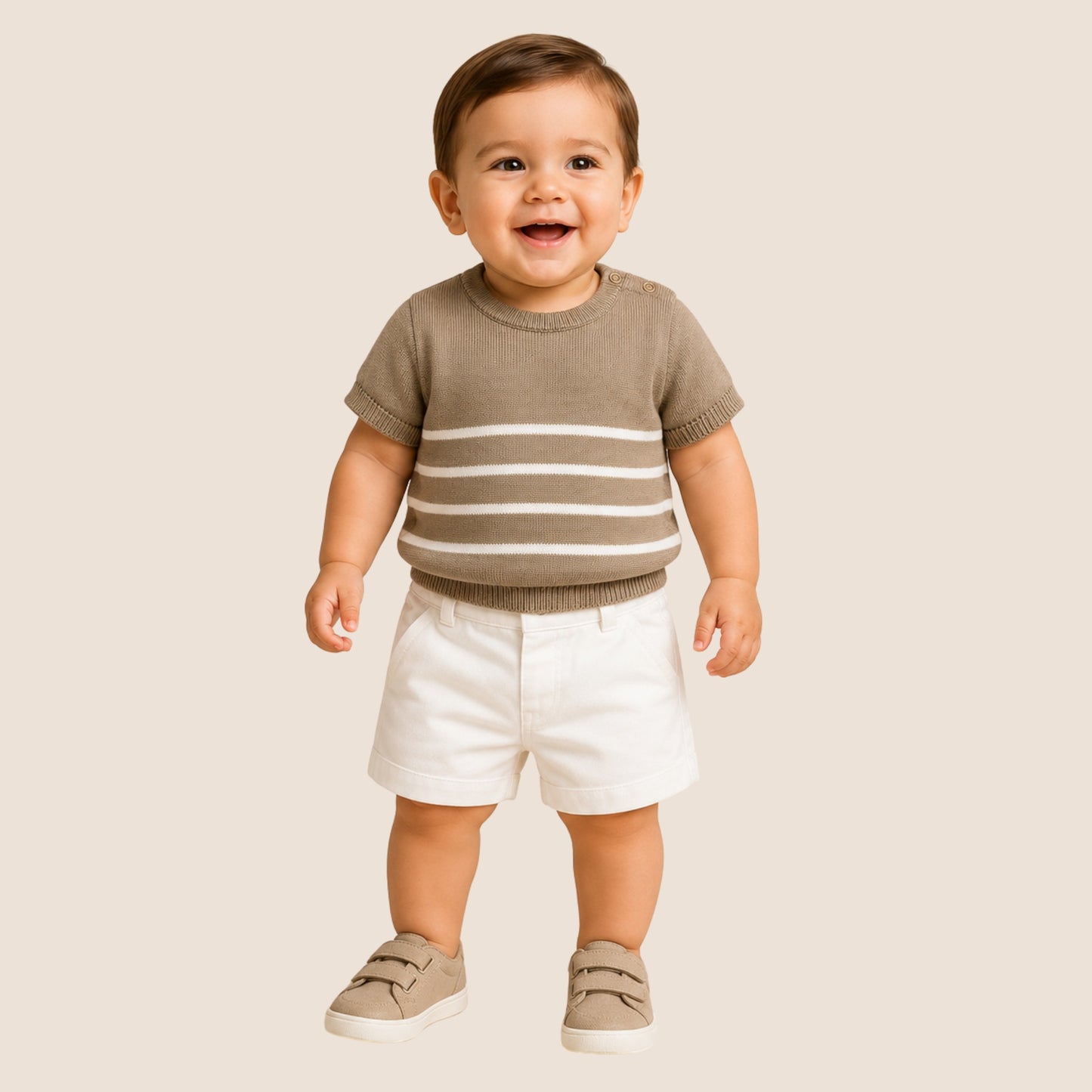 SET DE SHORT Y CAMISA DE RAYAS CAQUI - BEBÉ FELIZ
