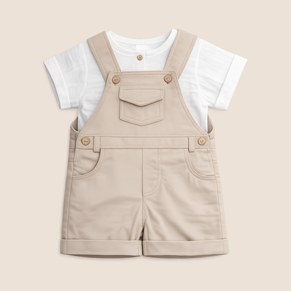 OVEROL EN DRILL BEIGE CON CAMISA BLANCA BEBÉ FELIZ