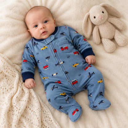 Pijama Enterizo Bebé Niño Azul Vehículos Carros y Aviones con Piecitos | Mara Baby