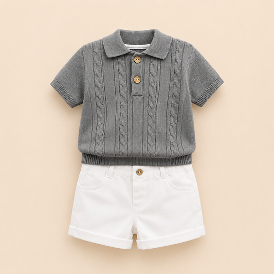 ⚪️ Conjunto Polo Tejido Bebé – Suéter Gris Cable Knit y Short Blanco