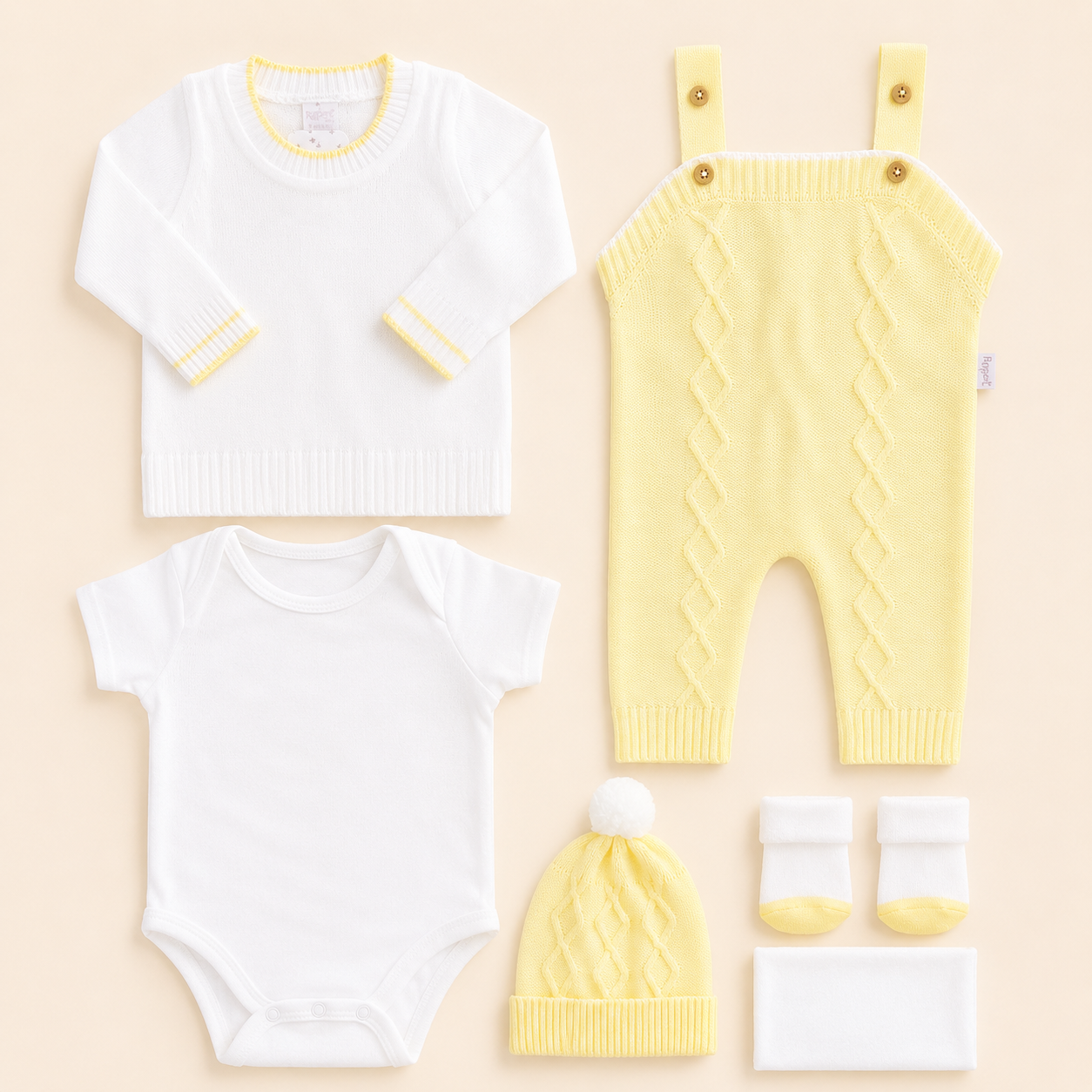 ⚪️ Conjunto Primera Muda Tejido Ref. Wally – Amarillo | Mara Baby