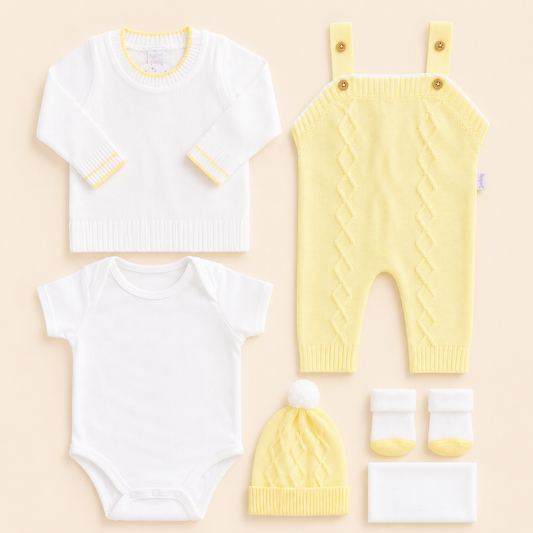 Conjunto Primera Muda Tejido Ref. Wally Amarillo 6 Piezas — Bebé Unisex | Mara Baby