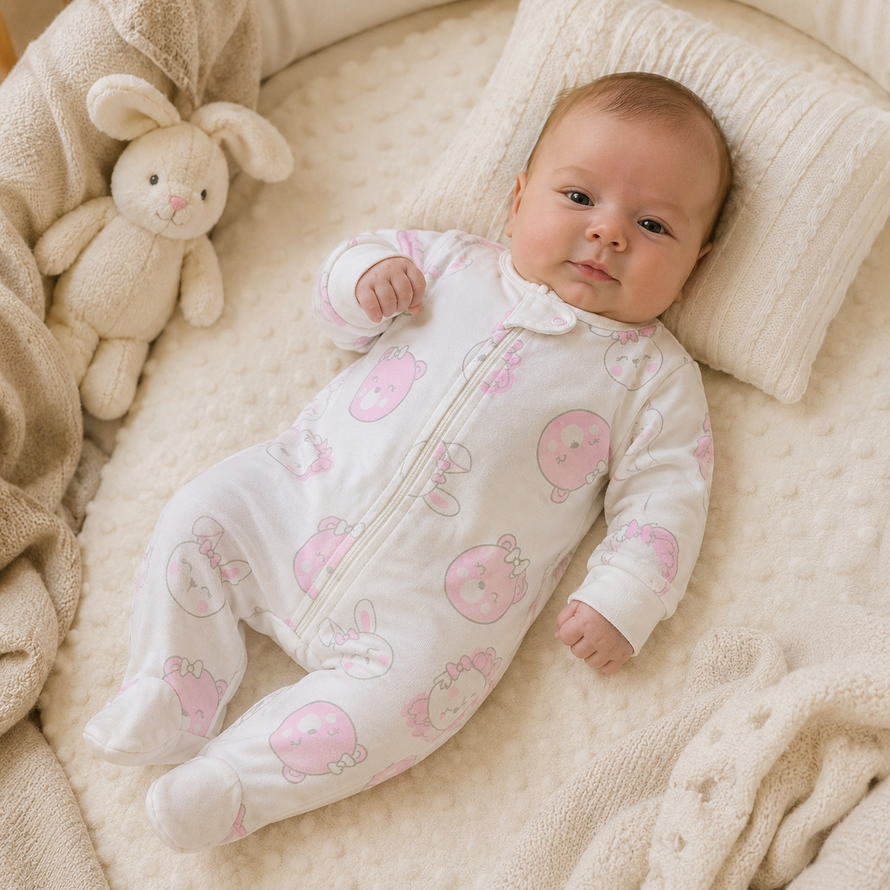 Set 3 Pijamas Enterizas con Piecitos Bebe Nina - Osito y Conejito - Choco Miel Baby