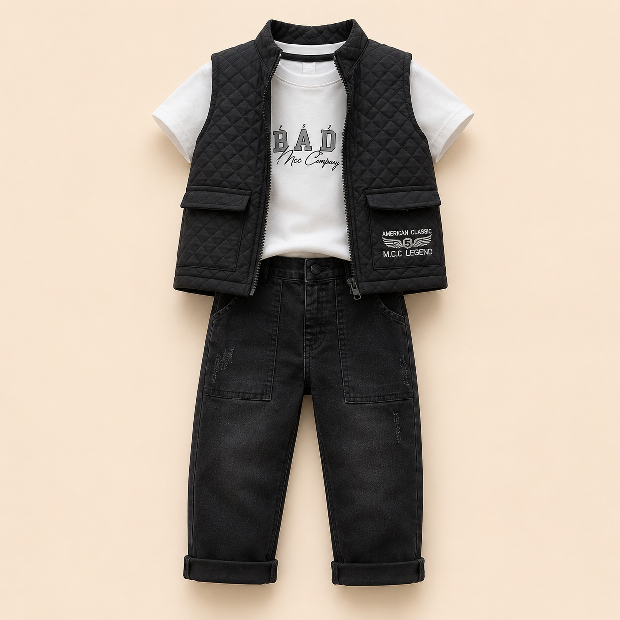⭕️ Conjunto 3 Piezas Bebé – Chaleco Acolchado Negro, Camiseta BAD MCC y Jean Negro Ripped