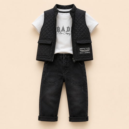⭕️ Conjunto 3 Piezas Bebé – Chaleco Acolchado Negro, Camiseta BAD MCC y Jean Negro Ripped