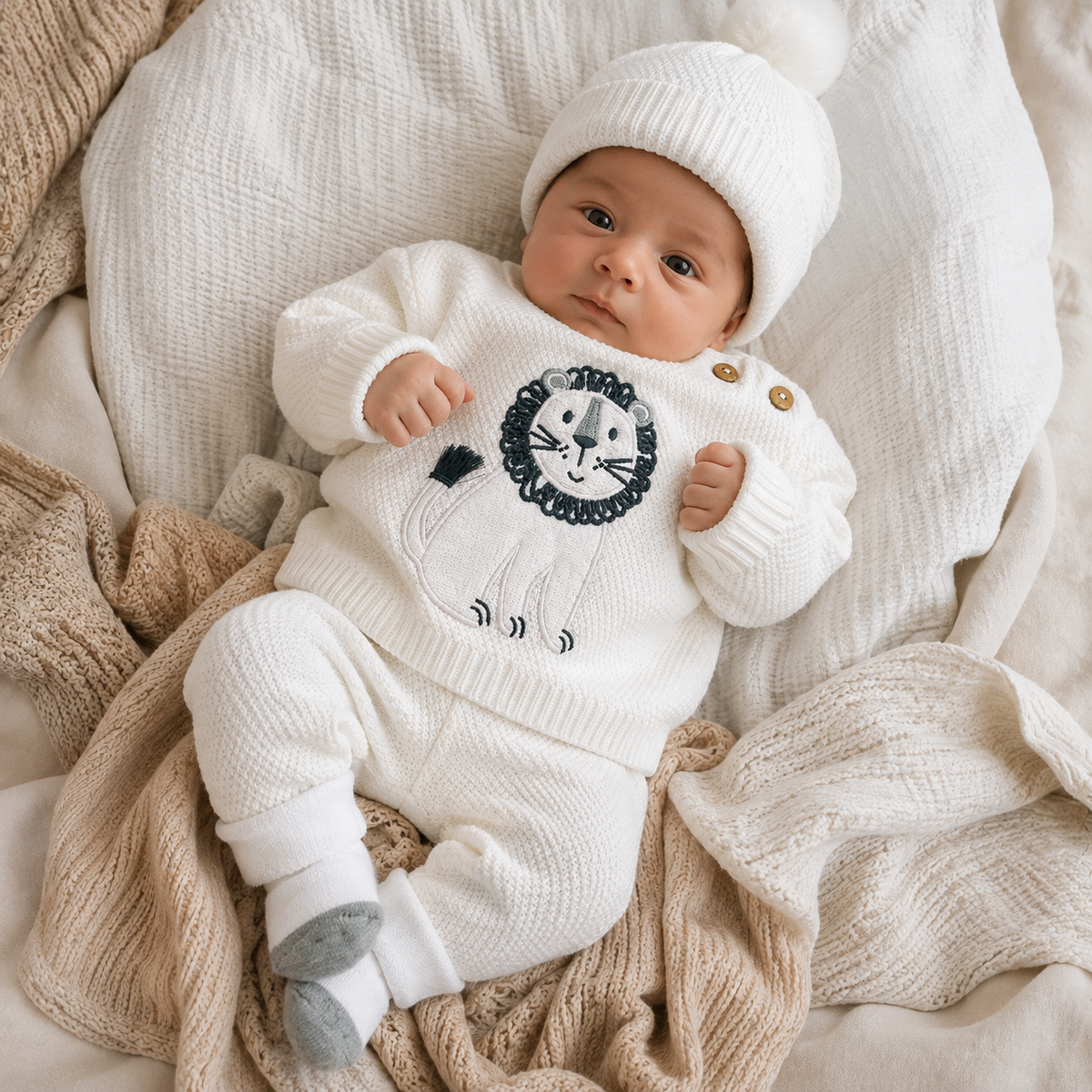 Set Tejido Blanco León 5 Piezas para Bebé Recién Nacido
