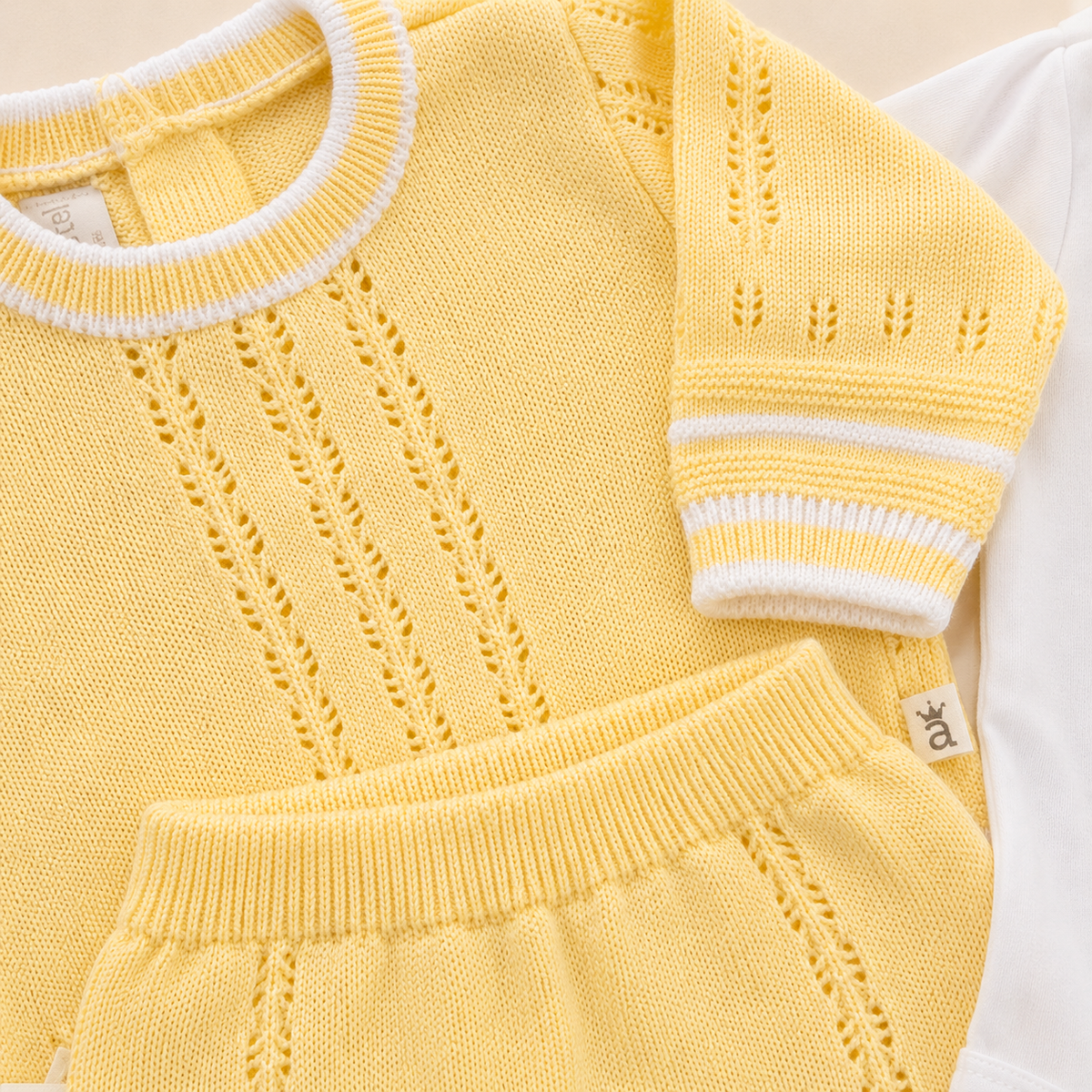 Conjunto Tejido para Recién Nacido 4 Piezas Amarillo Limón – Suéter, Pantalón, Body y Gorro