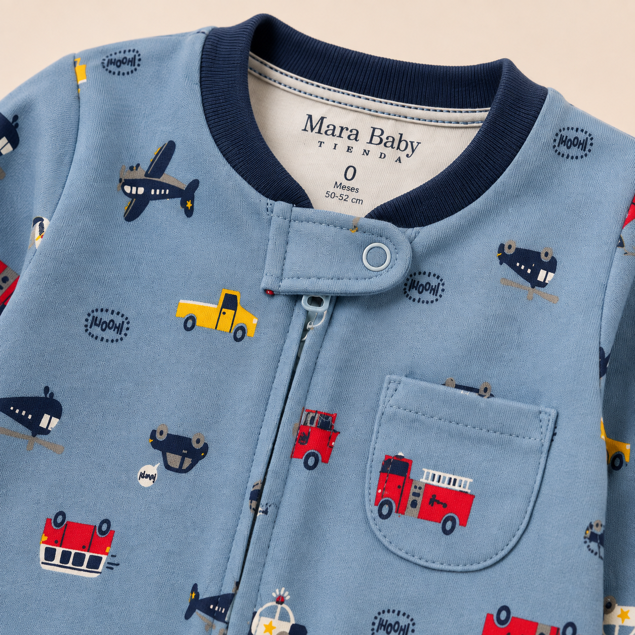 Pijama Enterizo Bebé Niño Azul Vehículos Carros y Aviones con Piecitos | Mara Baby
