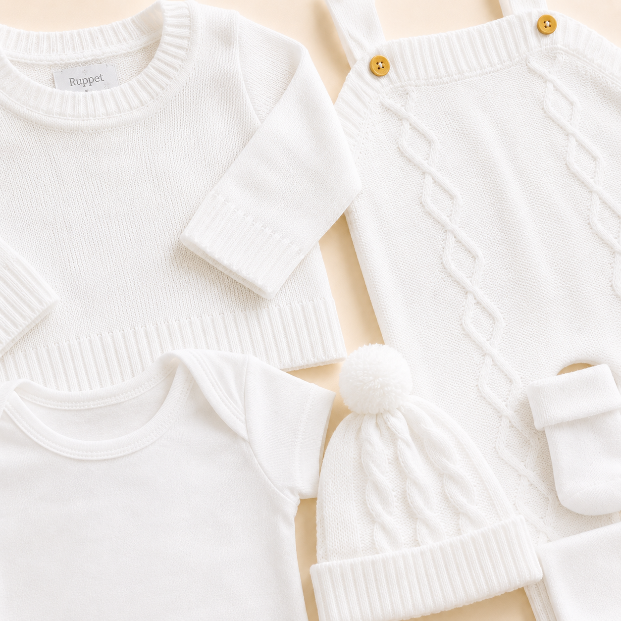 ⚪️ Conjunto Primera Muda Tejido Ref. Wally – Blanco | Mara Baby