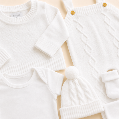 ⚪️ Conjunto Primera Muda Tejido Ref. Wally – Blanco | Mara Baby