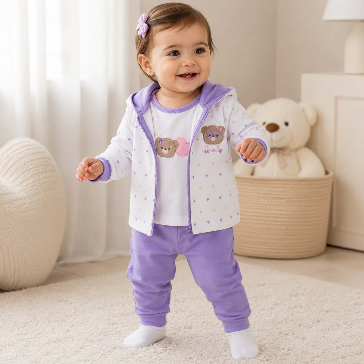 Conjunto 3 Piezas Bebe Nina Lila Osita Lovely - Chaqueta con Capucha, Body y Pantalon