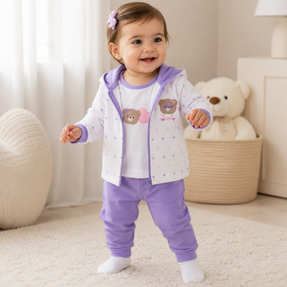 Conjunto 3 Piezas Bebe Nina Lila Osita Lovely - Chaqueta con Capucha, Body y Pantalon