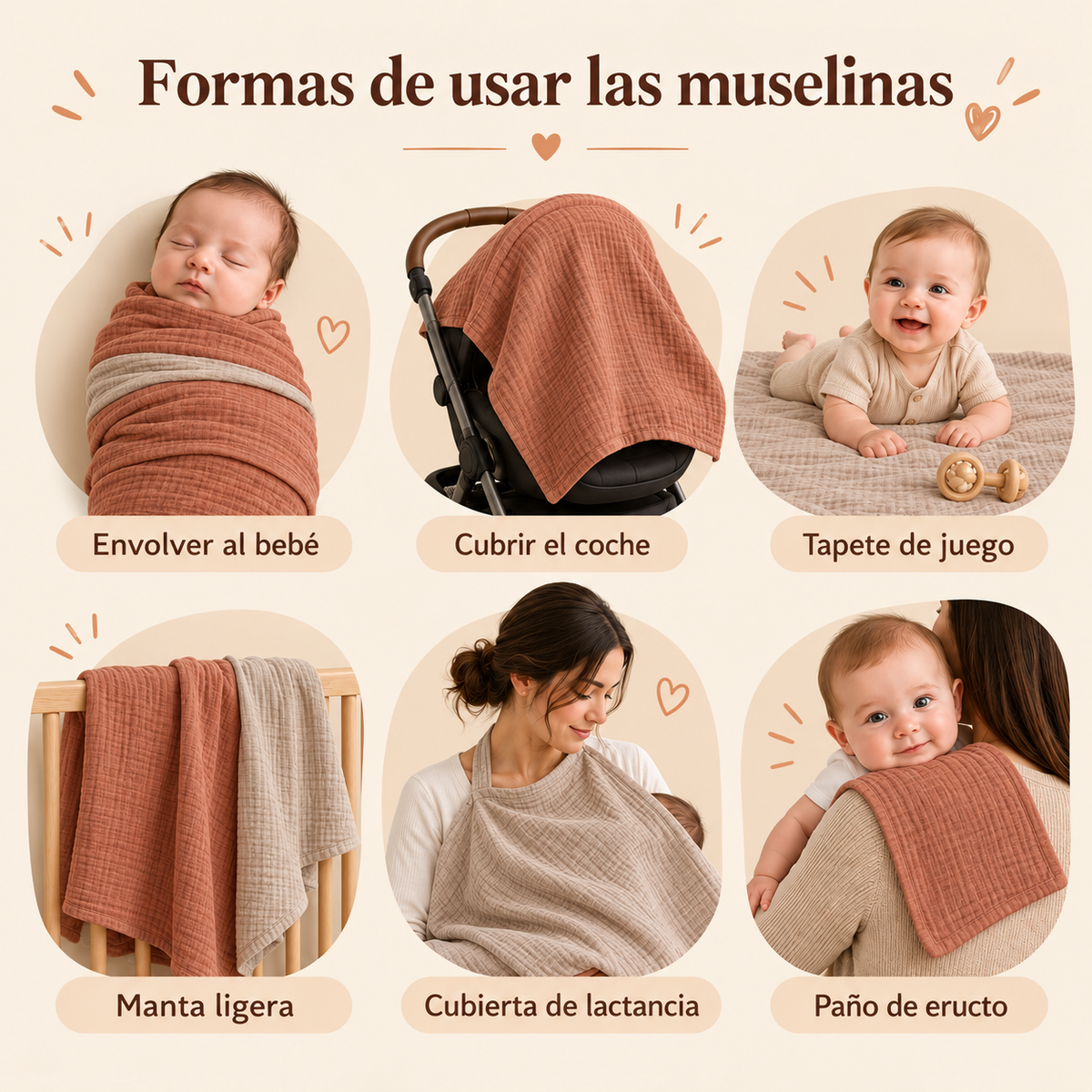 Ilustración de usos de las muselinas Infancie terracota y beige