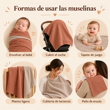 Ilustración de usos de las muselinas Infancie terracota y beige