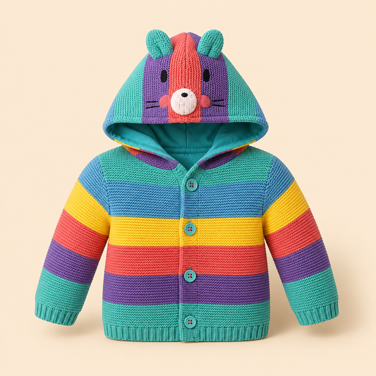 ⭕️ Chaqueta Tejida Arcoíris con Capucha Animalito 3D, Orejas y Botones Turquesa para Bebé |
